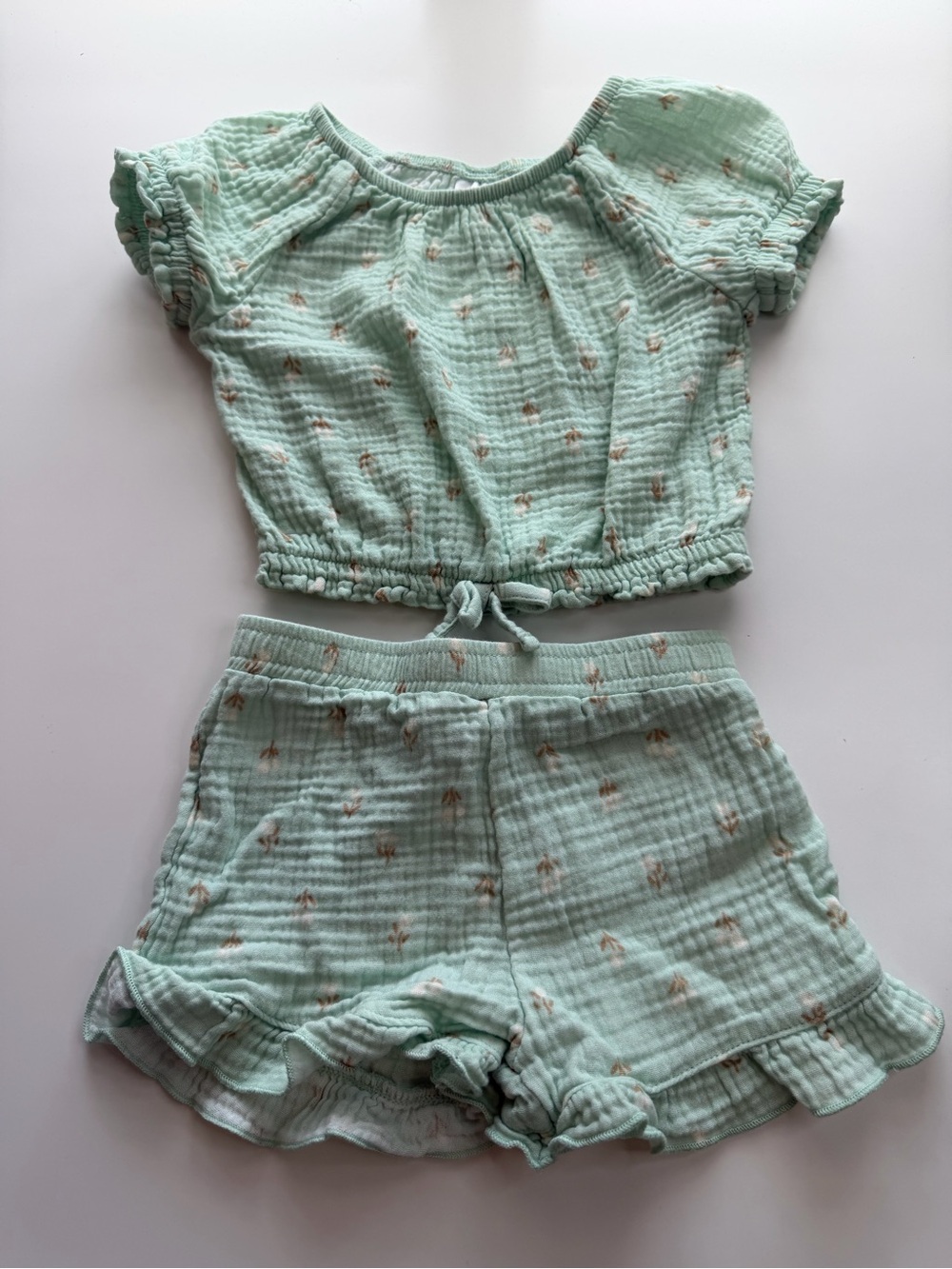 Girls Mint Floral Two-Piece Matching Set - Top & Shorts